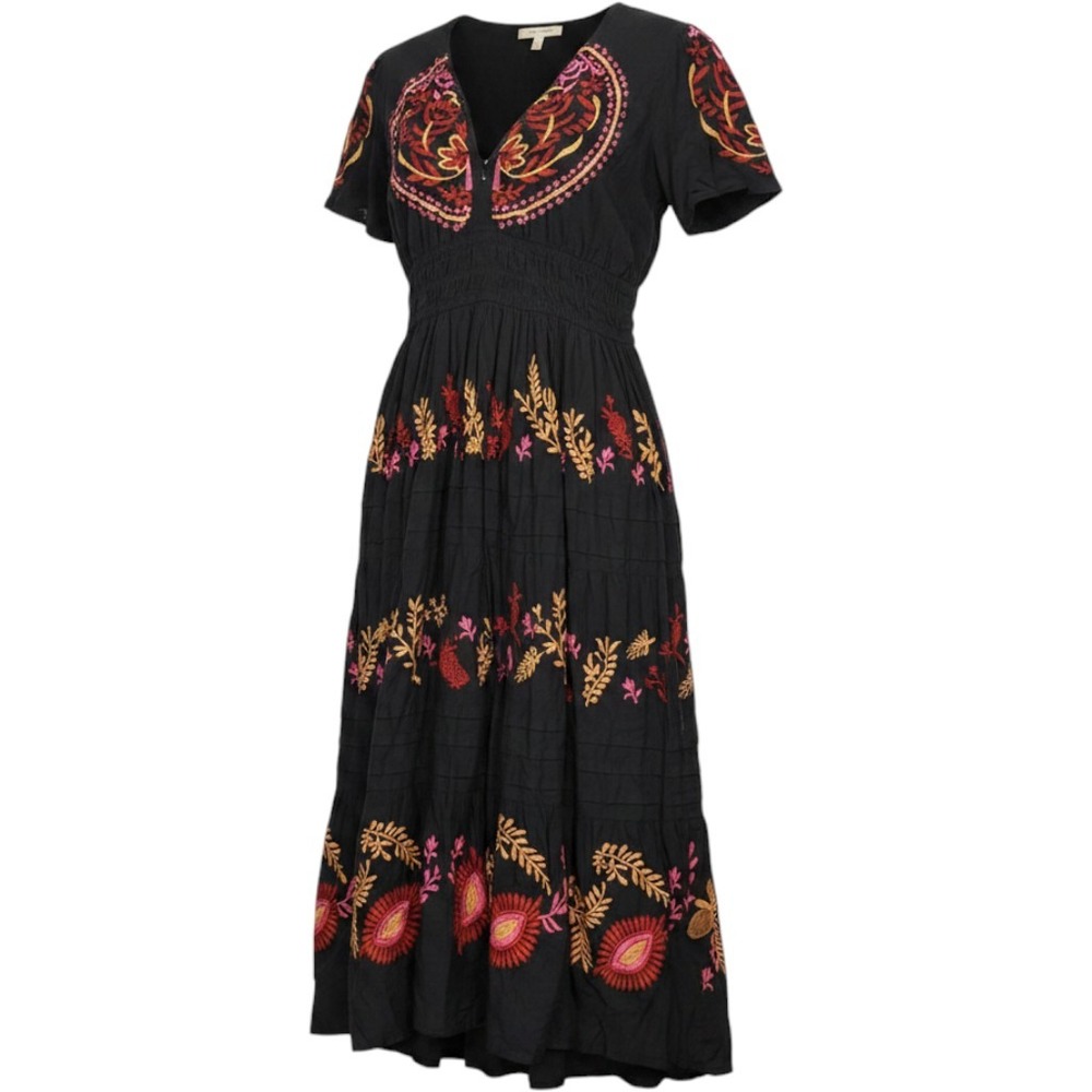 Azure and Indigo Black Embroidered Cotton Midi Dress Boho Smocked Waist Large